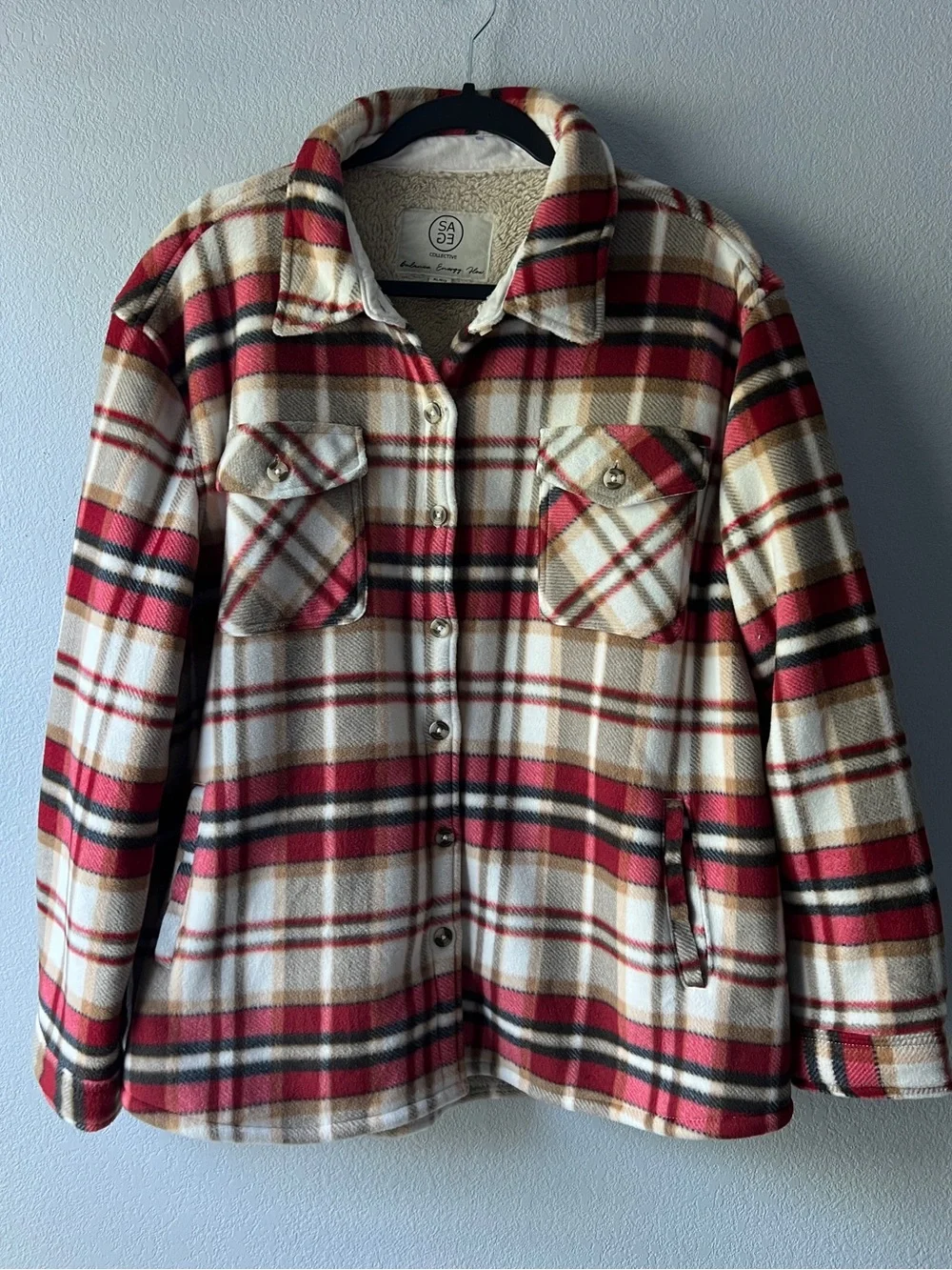 Plaid Sherpa Shacket XL Red Cream Cabin Core Lumberjack Cozy Fall Jacket